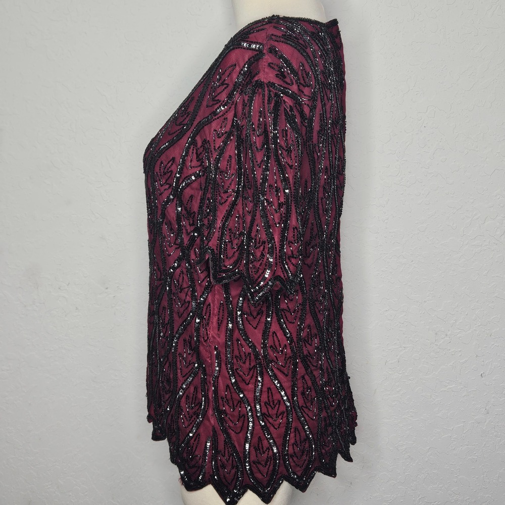 Stenay Petite Vintage Beaded Sequin Silk Blouse Burgundy‎ Black Scalloped PL - Picture 4 of 10